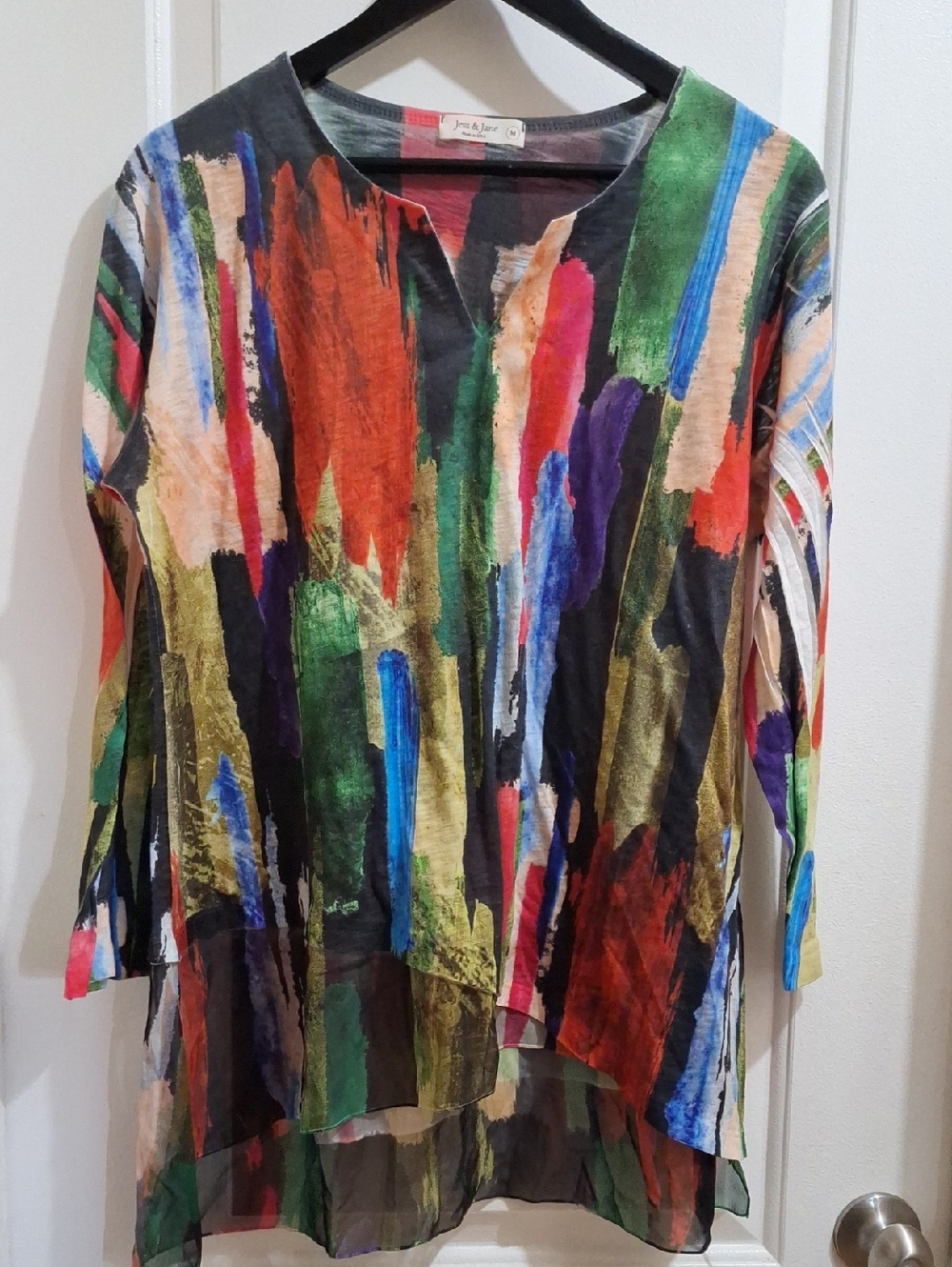 Jess & Jane slit v neck chiffon contrast tops womens M art to wear artsy boho